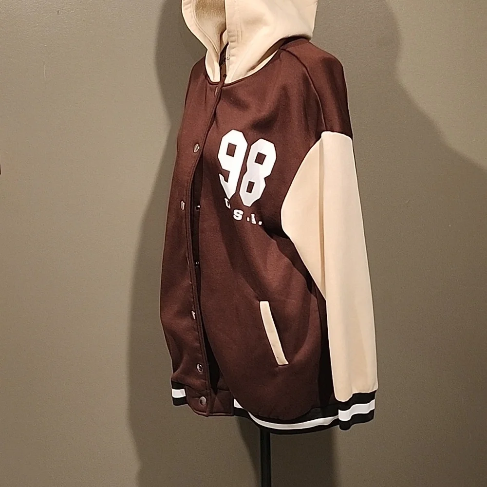 Brown and Cream Varsity Jacket with Hood - Picture 3 of 4